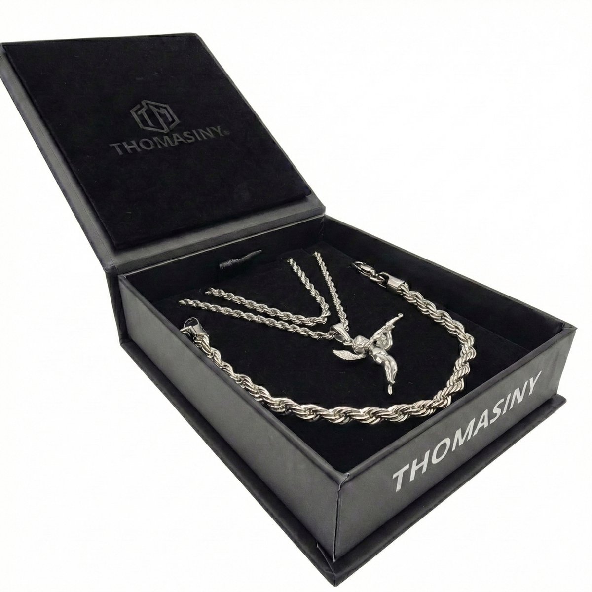 Thomasiny Cupido’s Revenge Set Zilverkleurig – 3-delige Heren Sieraden Set met Ketting, Armband & Extra Ketting – RVS 316L – Luxe Geschenkverpakking
