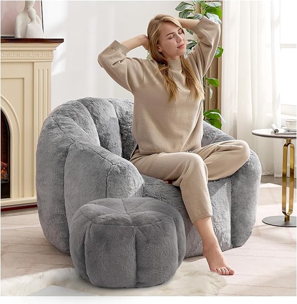 Zitzak voor Volwassenen met Kattenoren 75x90x75 cm – Luxe Corduroy Lounge Stoel met Armleuningen en Vulling, Comfortabele Luie Bank voor Woonkamer, Slaapkamer en Studentenhuis – Pauwhome