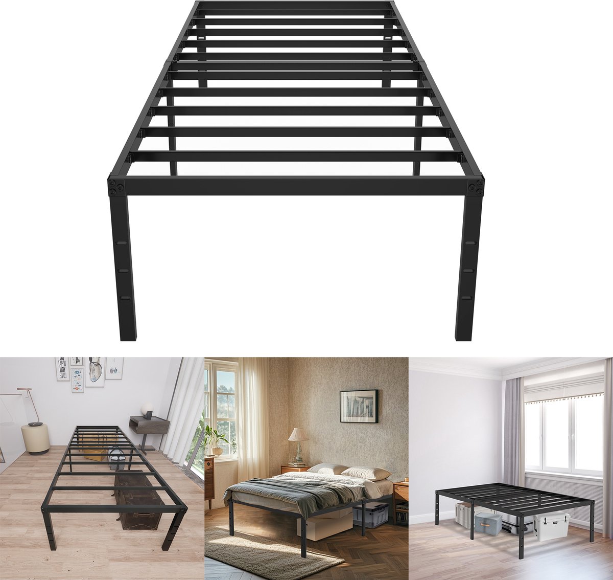 Froadp Modern bedframe Metalen bed 90x200 cm Platformbed van metaal Robuuste stalen latten Eenpersoonsbed Zwart Hoogte 41,5 cm Opbergruimte onder het bed voor slaapkamer Gastenkamer