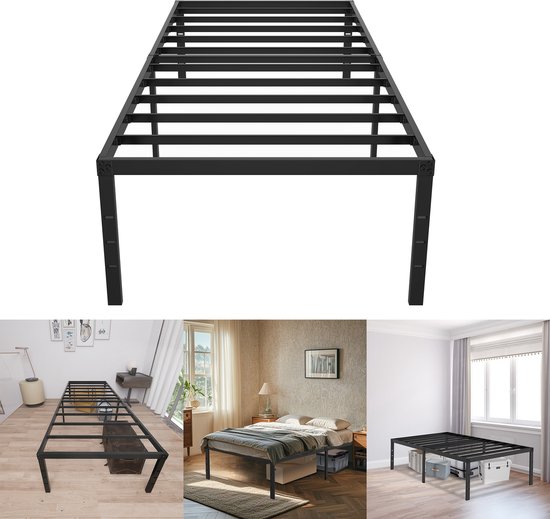 Froadp Cadre de lit moderne Lit en métal 90x200 cm Lit plateforme en métal Lattes en acier robustes Lit simple Noir Hauteur 41,5 cm Espace de rangement sous le lit pour chambre à coucher Chambre d'amis