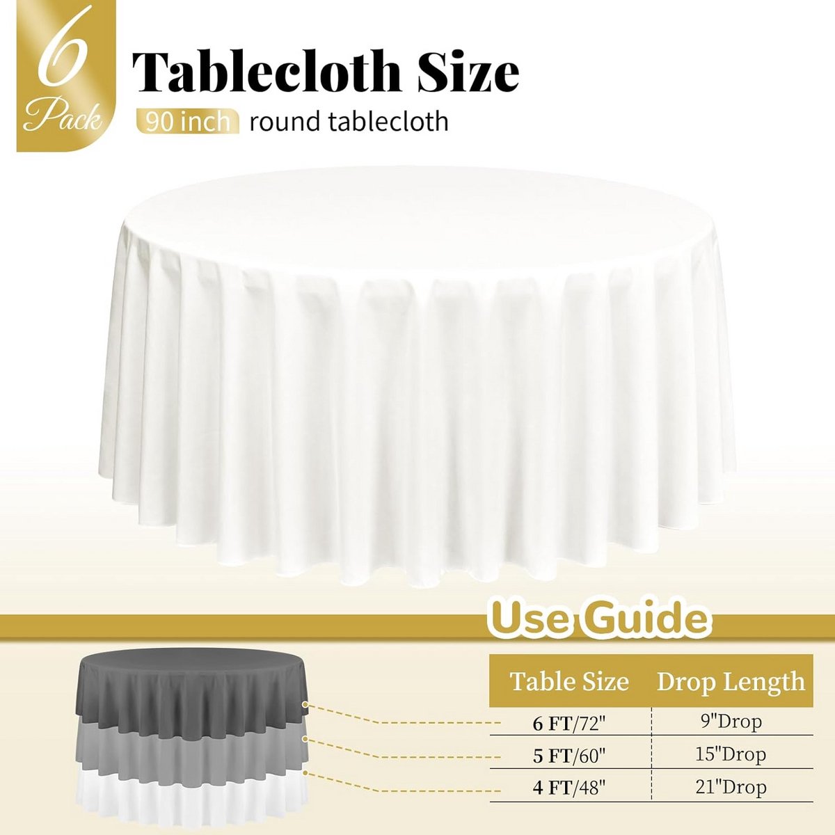 6x Rond Tafelkleed Ivoor Wit Wasbaar Polyester 228 cm voor Feest en Bruiloft