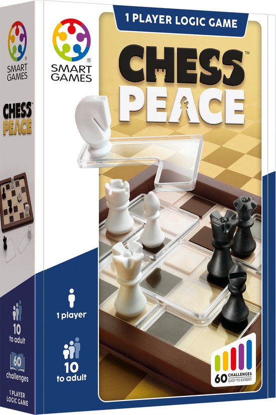 Boîte du jeu 'Chess Peace', avec des pièces d'échecs blanches et noires, une pièce de cheval sur un support.