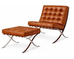 Barcelona Chair + Hocker - Cognac Bruin - Fauteuil - Stoel - Luxe Variant