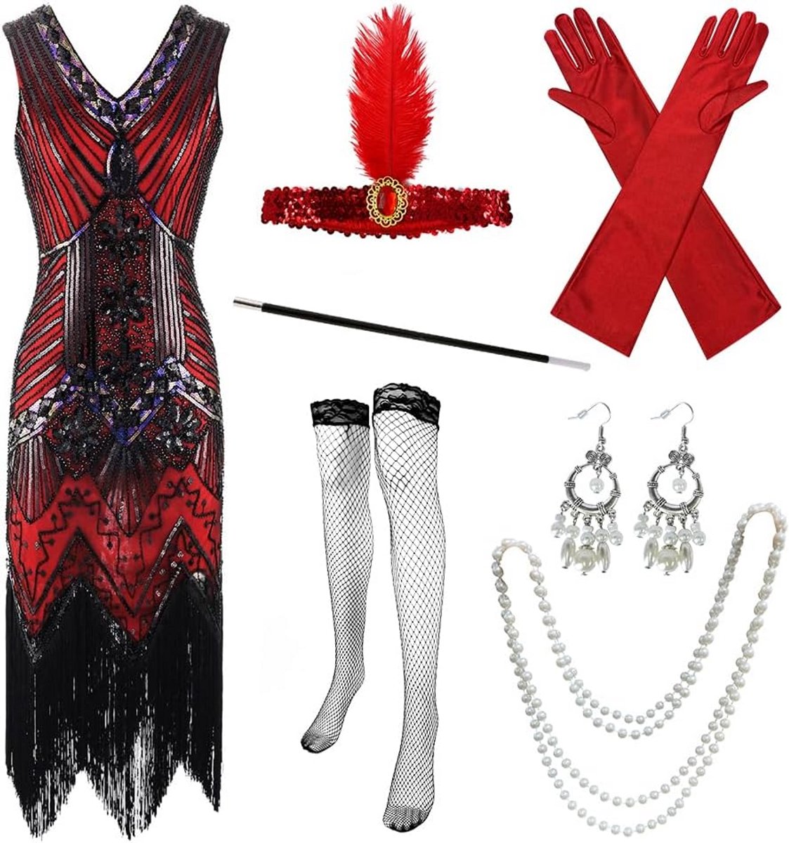 Jaren 20 Avondjurk Dames met Pailletten, V-hals en Franjes | Feestjurk Gatsby Stijl