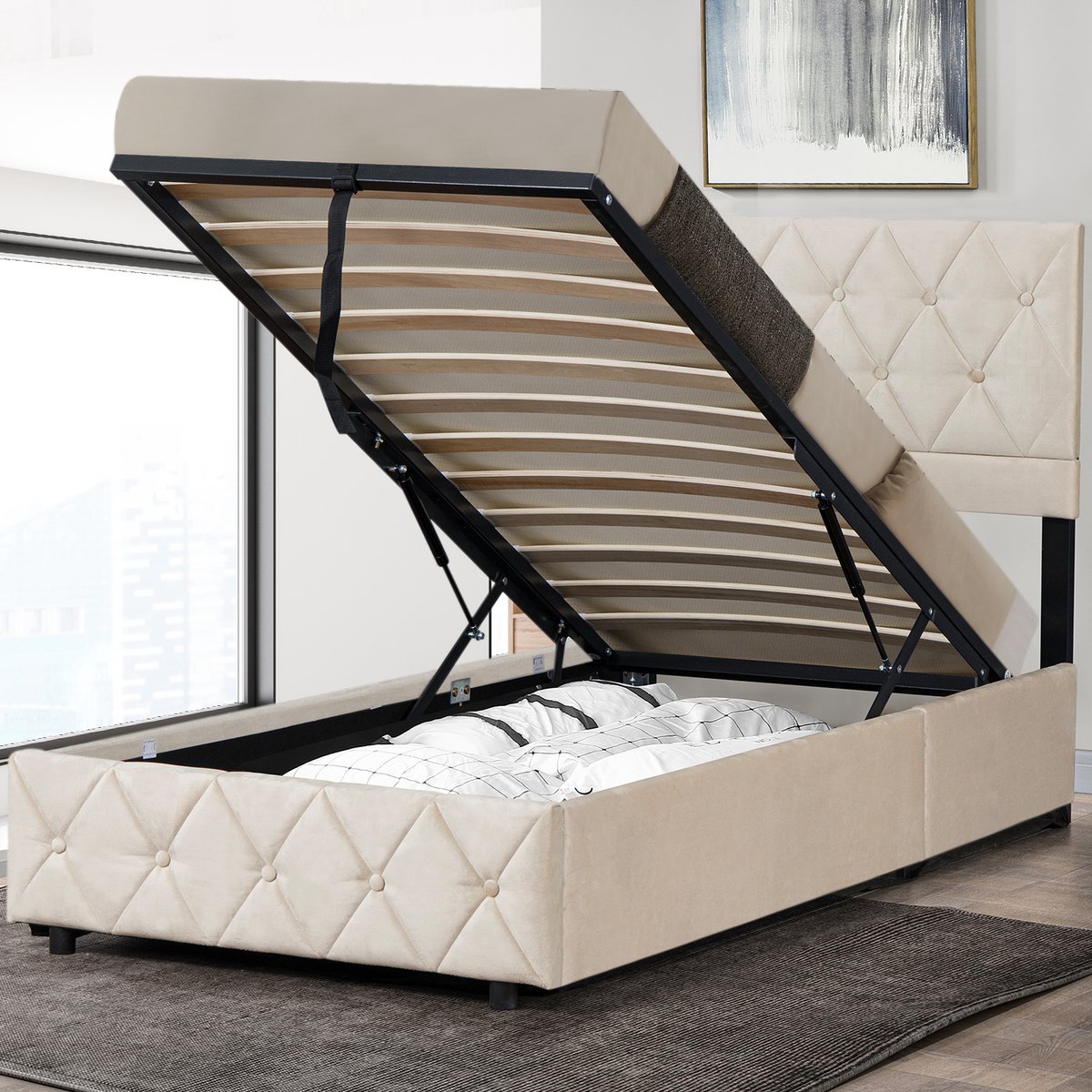REDOM Bedframe 90x190 cm – Hollands fluweel – Opbergruimte onder bed – Bloemvormig hoofdbord – Beige