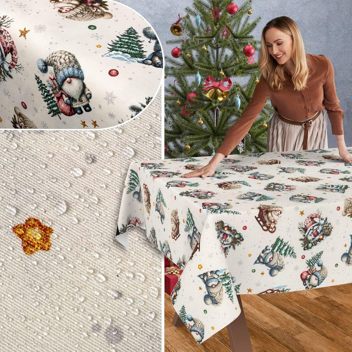 Waterafstotend Kerst Tafelkleed Beige Katoen Polyester Afwasbaar
