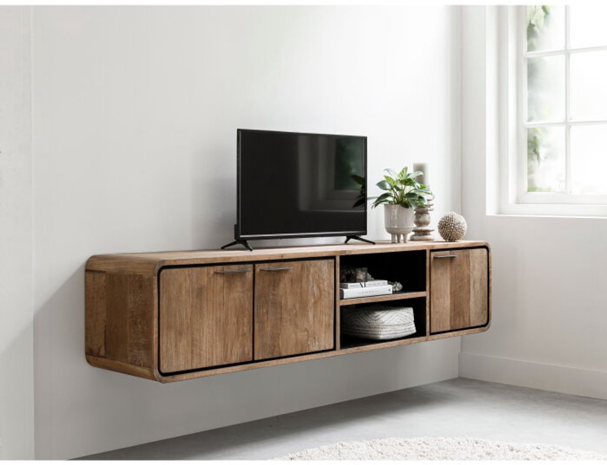 DTP Home Hanging TV stand Evo medium, 3 doors, 2 open racks,40x185x40 cm, recycled teakwood