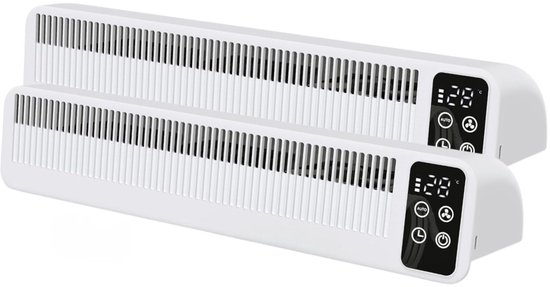 Twee witte radiatorventilatoren met digitaal display, in elkaar geplaatst.