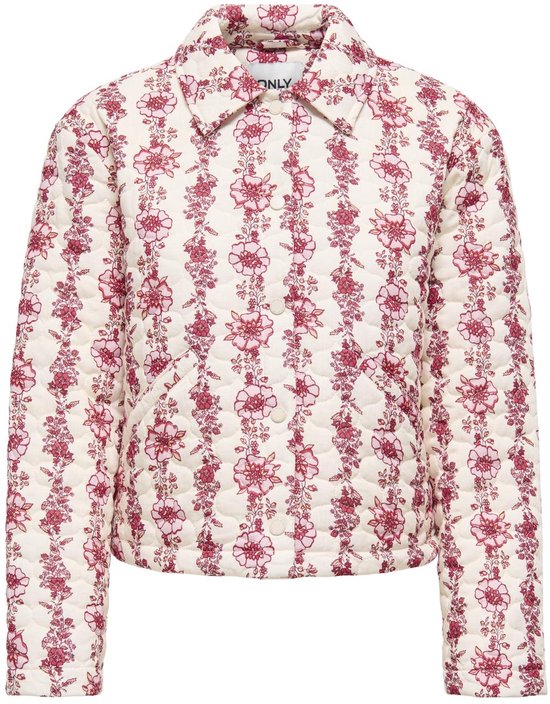 Gewatteerde jas met kraag en lange mouwen, crème met verticale rode bloemenprint. Sluit met knopen.