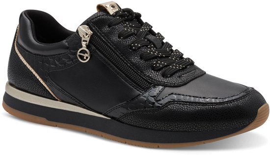 Zwarte Tamaris sneaker met ritssluiting, gouden details en krokodillenprint.