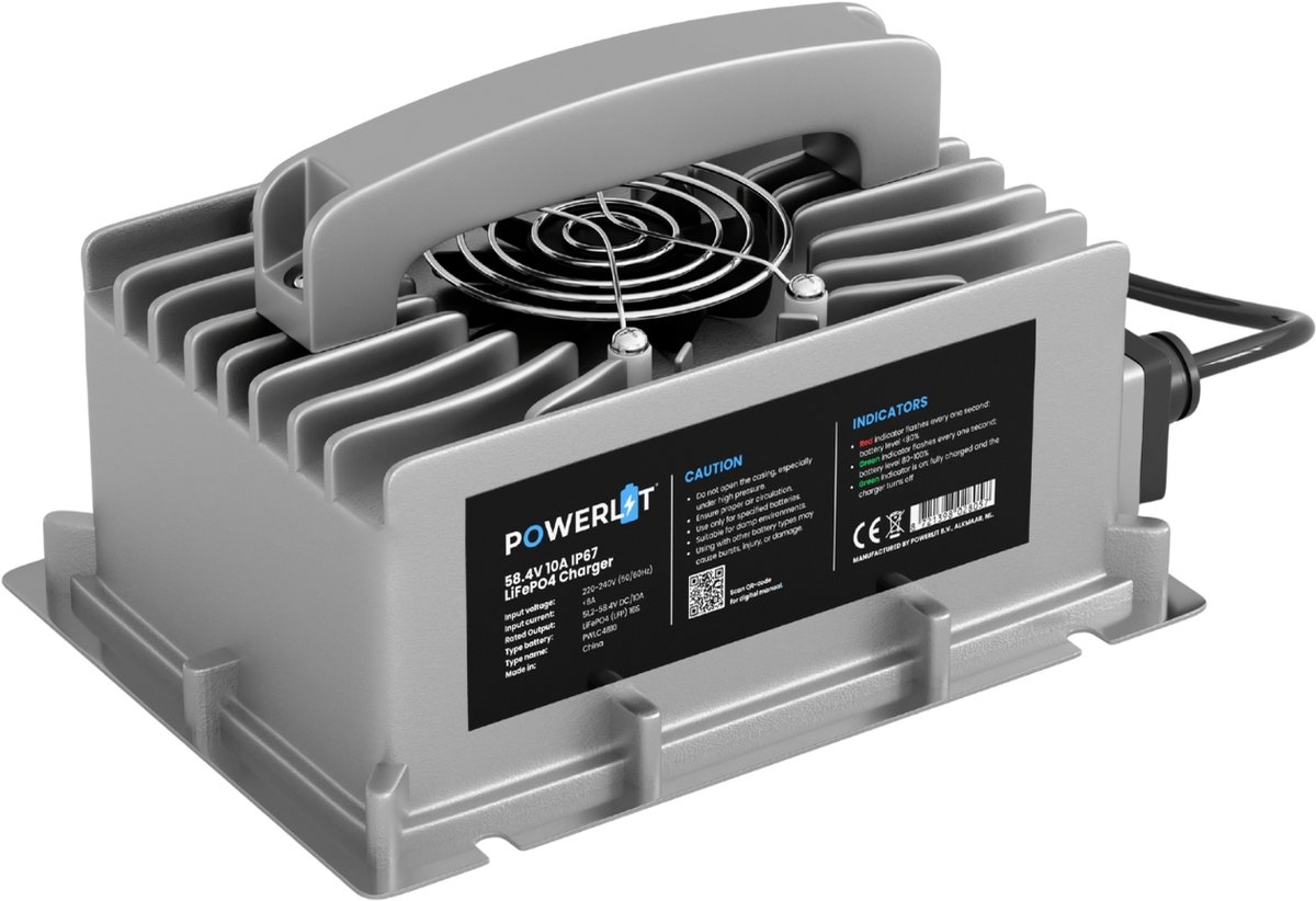 Powerlit - IP67 48V LiFePO4 Lader - 58.4V LFP Acculader - 10A - Geschikt voor LiFePO4 Accu’s - Waterdicht - Voor Boten, Campers en meer