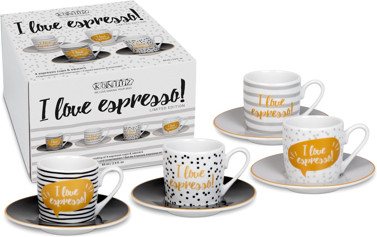 Könitz espressokopjes set van 4 Love Espresso, kopje, koffiekopjes, porselein, zwart, 1150532805