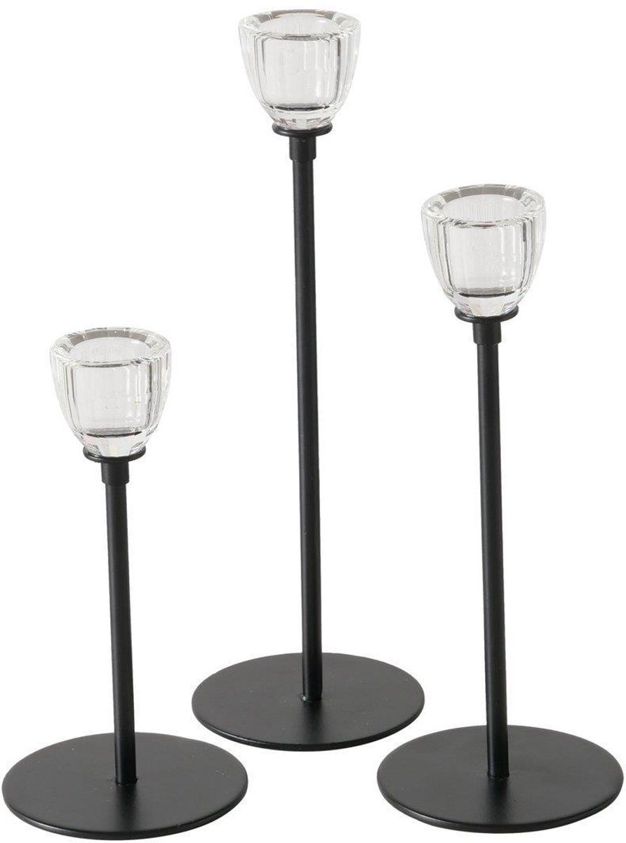 Boltze Home kandelaar set zwart metaal en glas 3-delig Ø7cm.