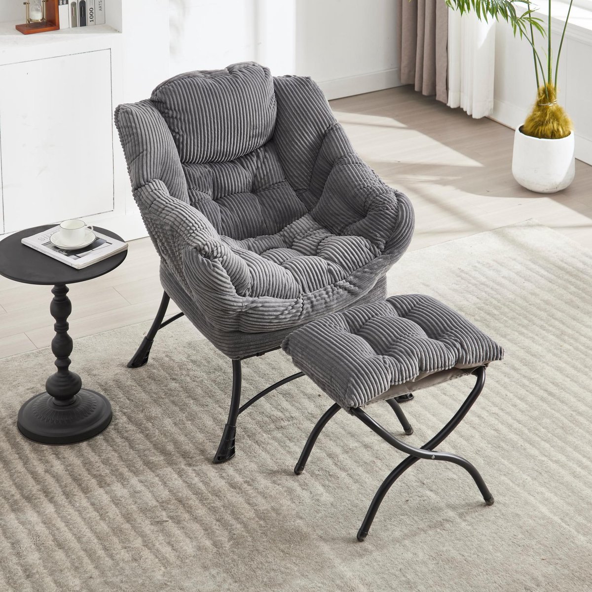 Luie Fauteuil Met Voetenbank - Modern Relax Fauteuil Met Zijzak - Grijs Voor Kleine Ruimtes Lezen & Ontspannen