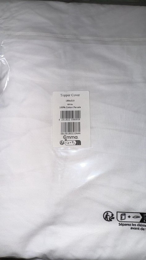 Label op witte topperhoes met tekst: "Topper Cover 180x210 White 100% Cotton Percale Emma".