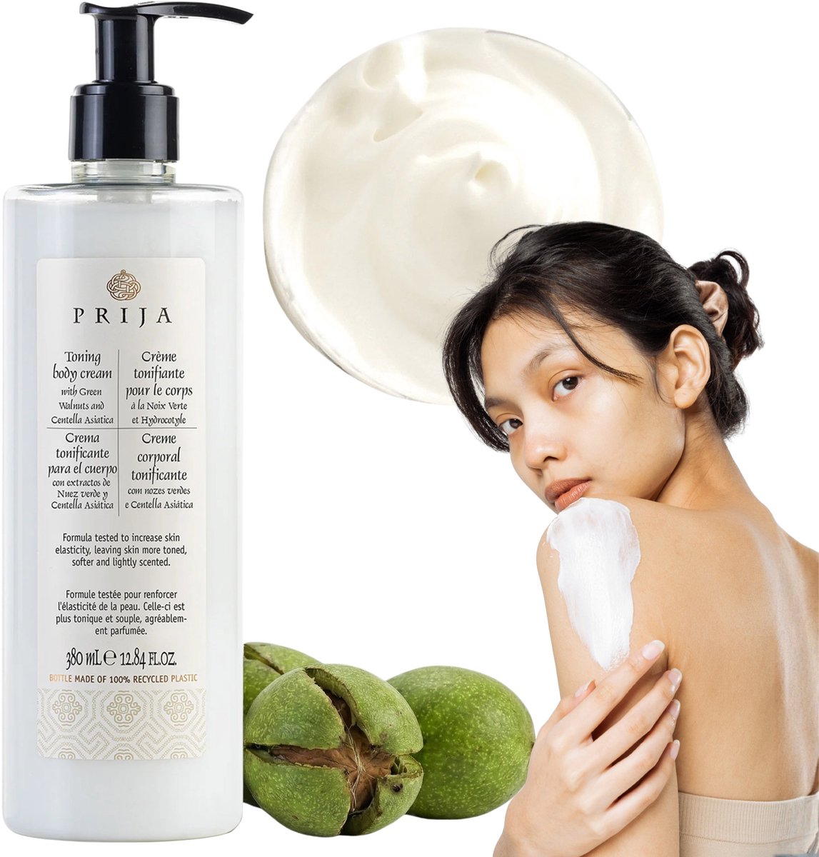 PRIJA Natuurlijke tonifiërende bodycrème met pompje, hypoallergeen, met walnootextract, VEGAN 380 ml
