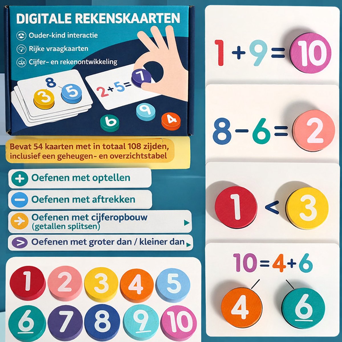 Educatief Rekenspel voor Kinderen - Houten Rekenset met Cijfers & Sommen - Leren Optellen en Aftrekken - Rekenhulp Groep 1, 2 en 3 - Montessori Speelgoed - 4+ Jaar — afbeelding 6