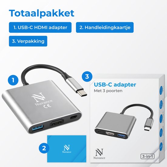Een zilverkleurige USB-C adapter met "N Nuvance CE" logo, met een USB-A poort, een HDMI poort en een USB-C poort.