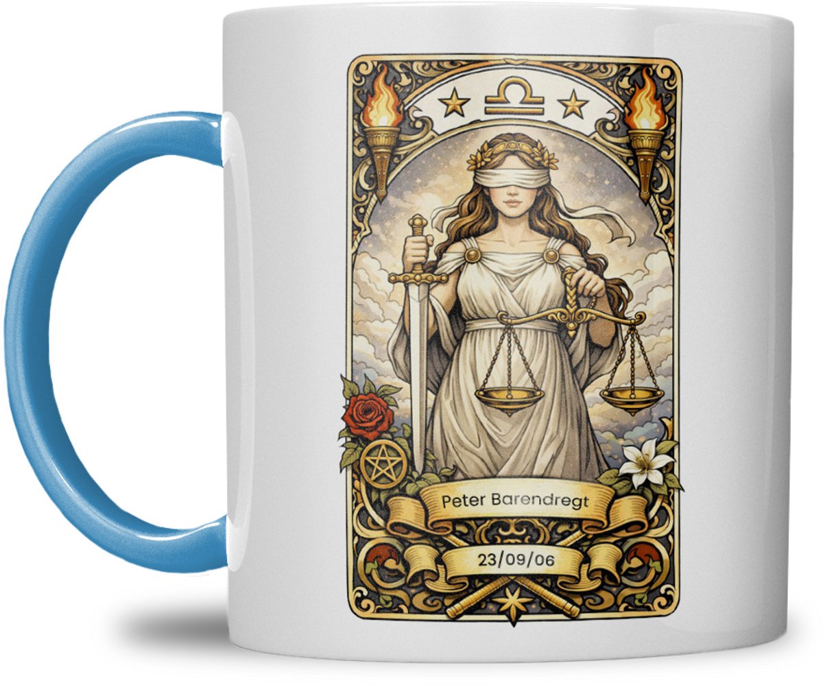 Sterrenbeeld mok - Weegschaal - Licht Blauw - Tarot mok - Gepersonaliseerd met naam en datum