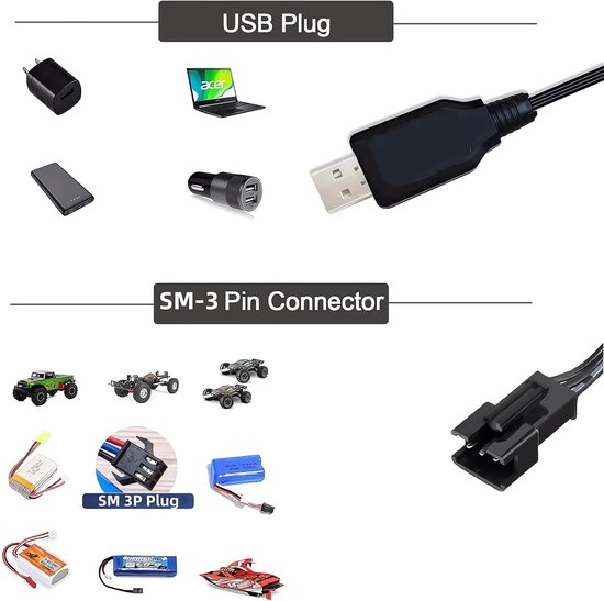 Câble Chargeur USB SM-3P 7.4V 1000mAh – Pour Batteries LiPo 2S RC Voiture, Drone, Bateau