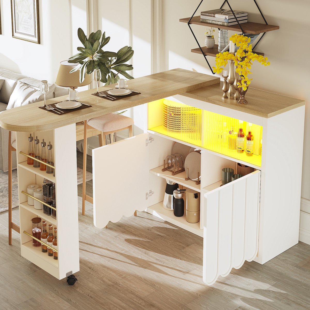 Merax Uitschuifbare Bartafel (135-205x39x100 cm) - Moderne Bar met LED & Gestreepte Deuren - Wit Telescoop Keuken Eiland / Bistrotafel