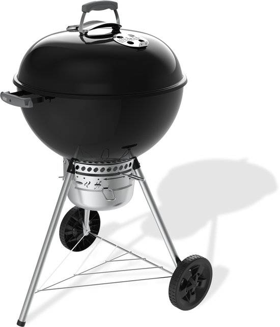 Zwarte Weber Original Kettle Premium houtskoolbarbecue met zilverkleurig onderstel, twee wielen en een gesloten asopvangbak.