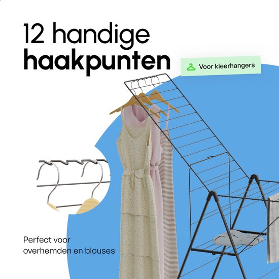 Zwart droogrek met 12 haakjes voor kleerhangers, met een jurk eraan. Tekst: '12 handige haakpunten'.