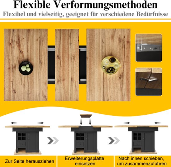 Illustratie van de flexibele vormingsmethoden van de uitschuifbare houten tafel met donkergrijs middenstuk.