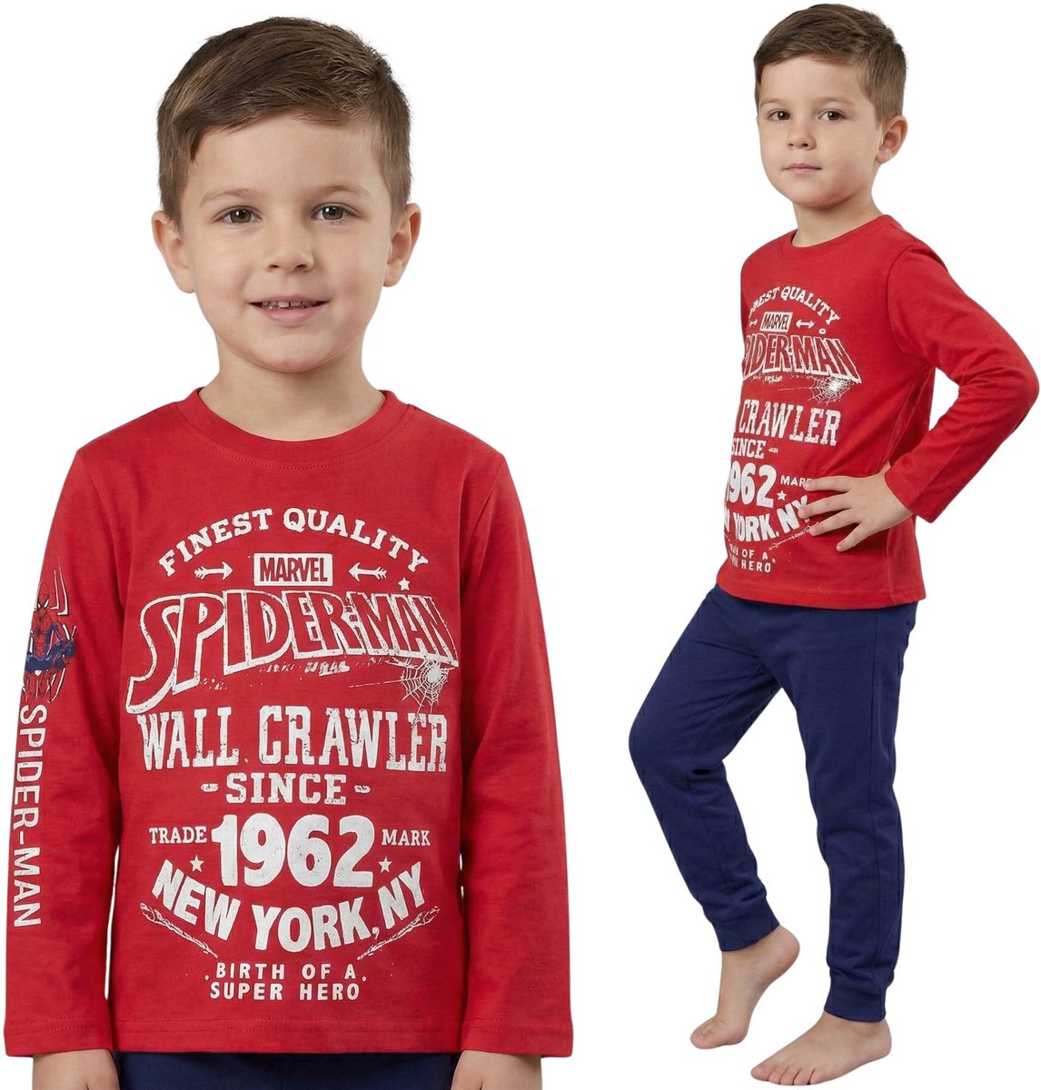 MARVEL Spider-Man Tweedelige rood-marineblauwe pyjama voor jongens, katoenen pyjama met lange mouwen