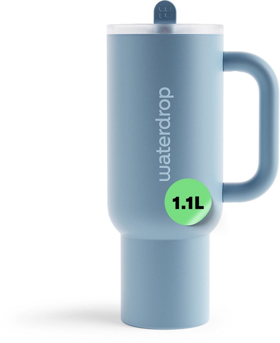 Waterdrop® Explorer Thermo Drinkbeker 1,1 L - 12 uur koud - Drinkbeker met rietje, handvat en lekvrij deksel - Perfect voor ijskoude dranken - leiblauw - Drinkfles - Waterfles