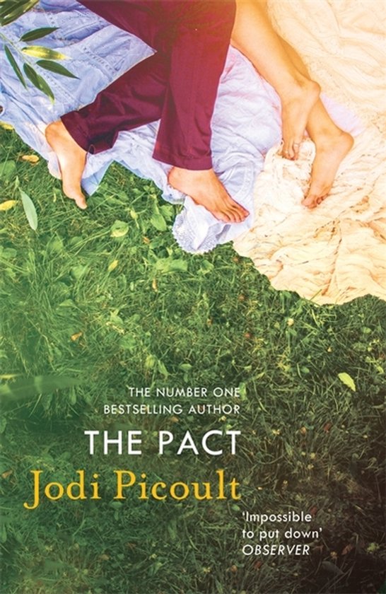 Boekcover 'The Pact' van Jodi Picoult. Benen van een stel op een picknickkleed in het gras. 'Onmogelijk neer te leggen' Observer.