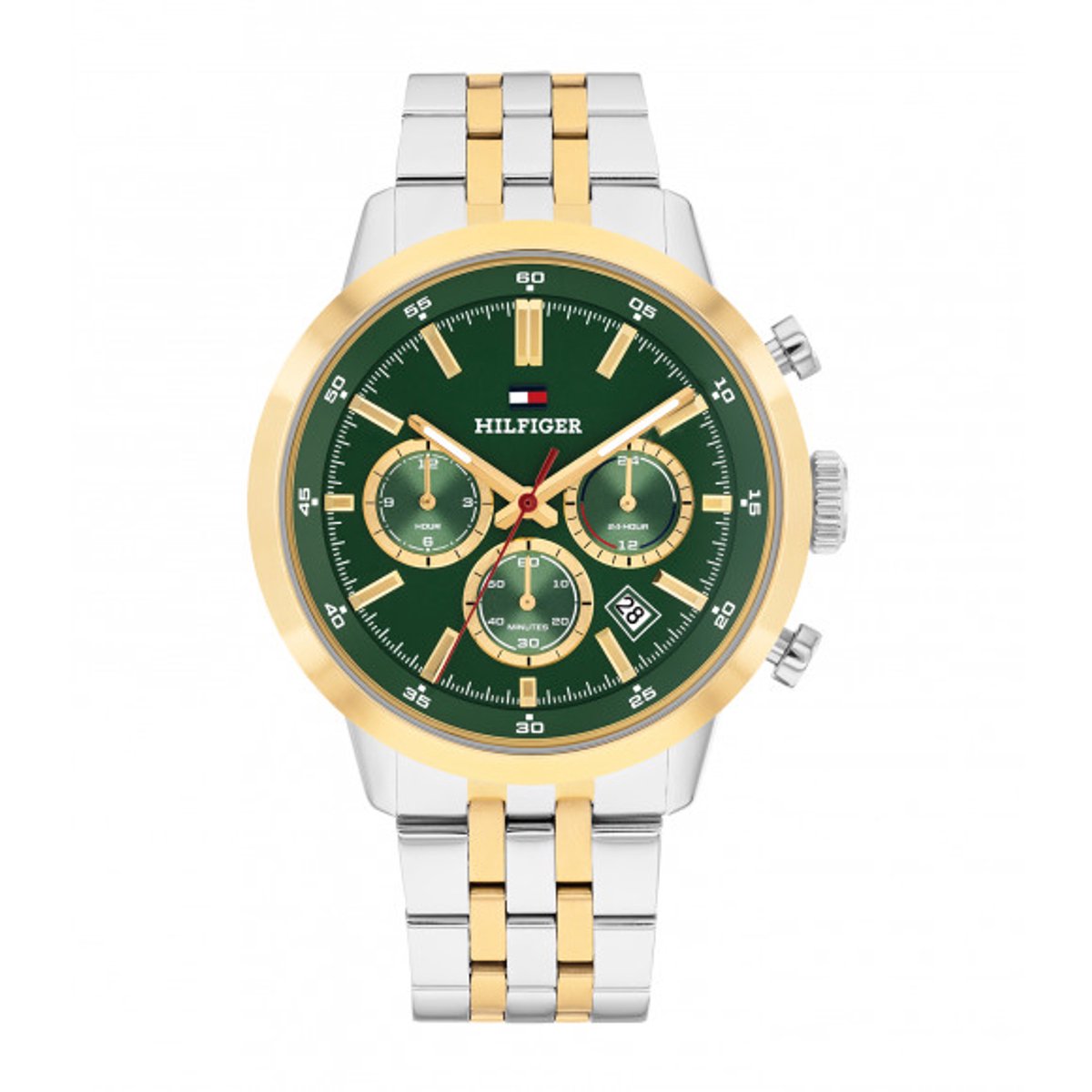 Tommy Hilfiger Dual Time Horloge, Tweekleurige Stalen Band, Groene Wijzerplaat, Stalen Kast, Datum, 43Mm, 5 Atm, 1710754