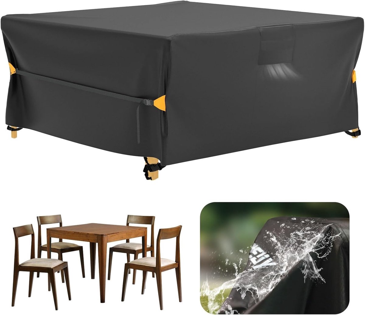 Famanu Rotan tuinmeubelhoezen: waterdicht 200 x 200 x 71 cm vierkante buitentafelhoes met ventilatieopening anti-UV winddicht voor patio kubus eetkamerset - zwart