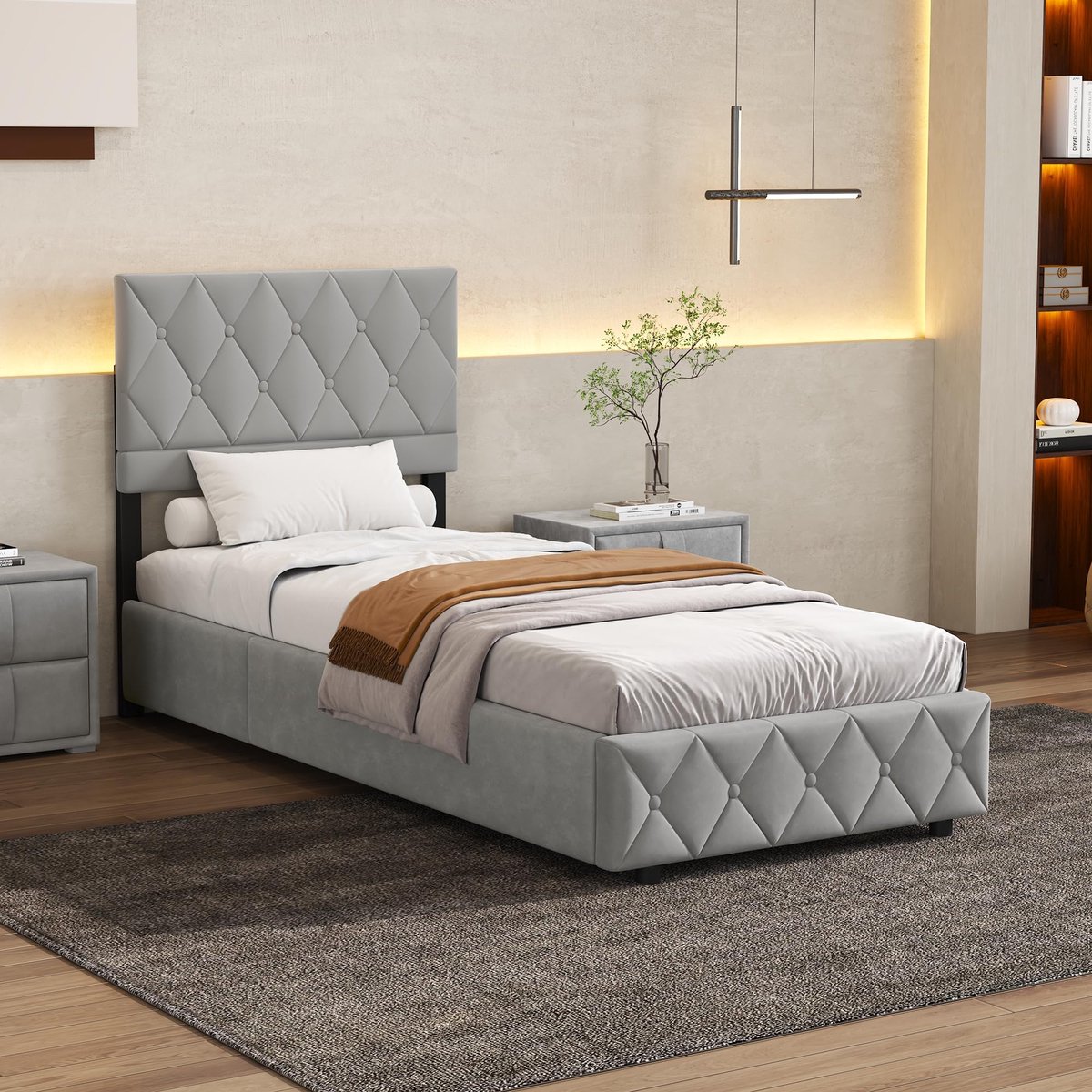FloraGrace Opbergbed 90x190 - Gestoffeerd Bed - Eenpersoonsbed - Stevig Bedframe - Veel Opbergruimte - Lichtgrijs