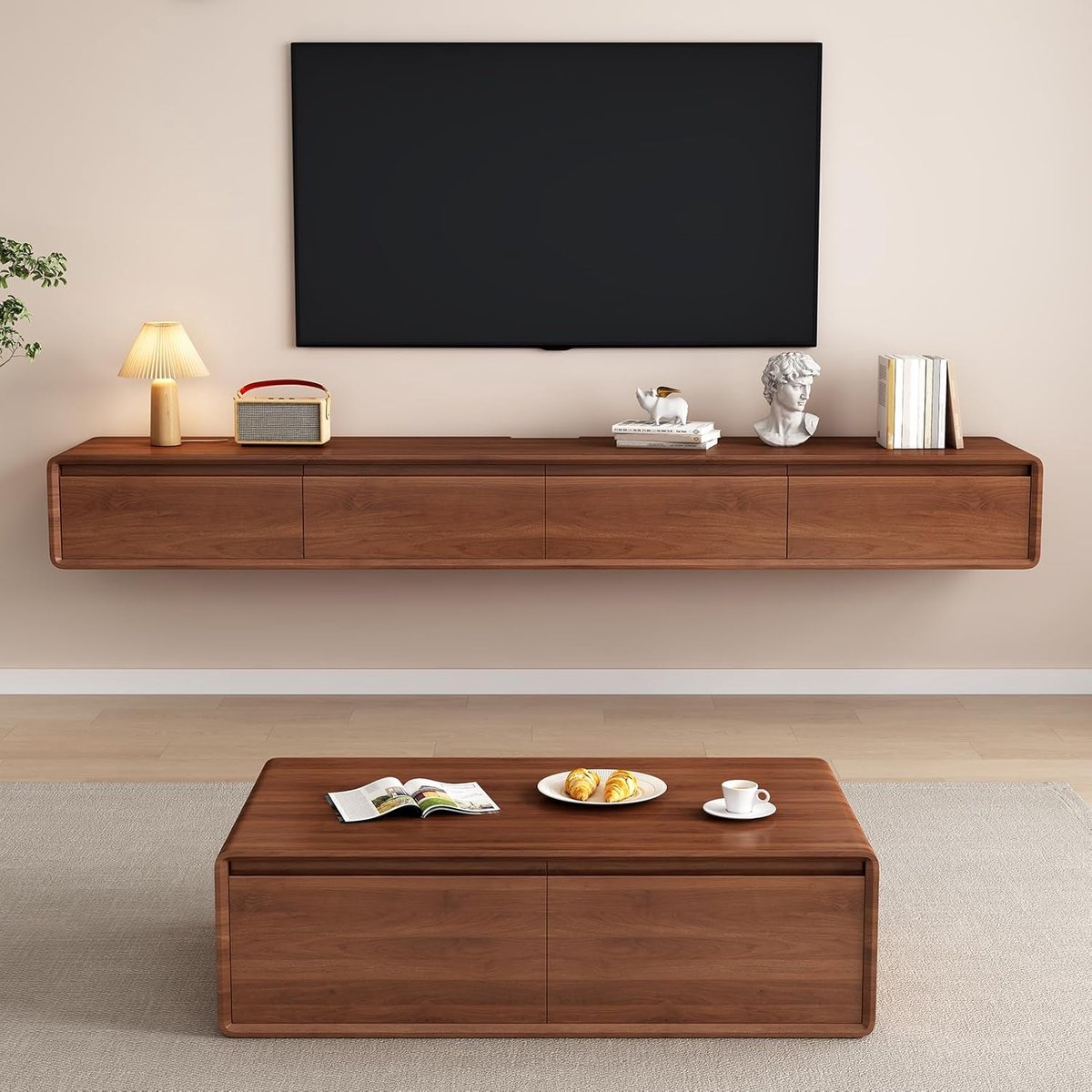 Zwevende TV-Console 200x24x20 cm – Wandmontage TV-Meubel met 2 Klapdeuren en 2 Laden – Minimalistisch Entertainmentcentrum – Kabelmanagement & Ruimtebesparend – Walnoot Hout – ABKANTOOR