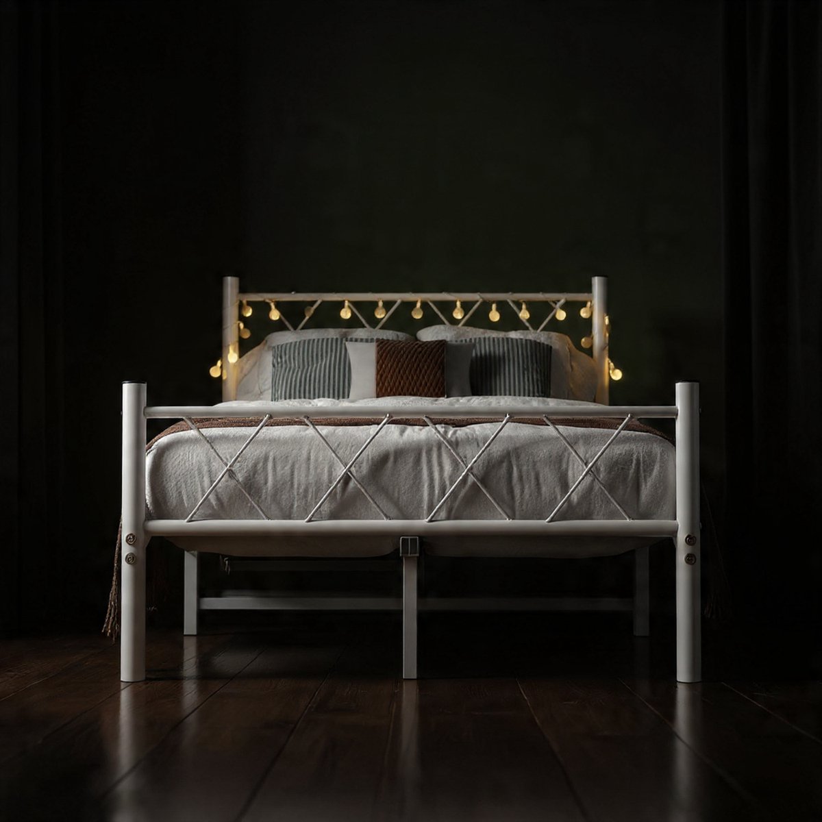 LumiSteel LED Bedframe 120x200 cm – Modern Metalen Tweepersoonsbed met Lattenbodem en Opbergruimte – Wit - House & Garden