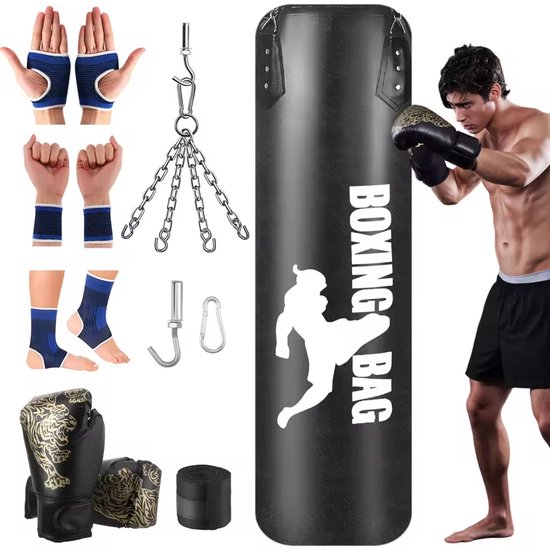 FIGHTR® Boxsack gefüllt/ungefüllt - extrem robust & langlebig | Boxsack Set inkl. 4-Punkt-Stahlkette für Boxen, Kickboxen, MMA, Muay Thai und weitere Kampfsportarten (gefüllt, All Black