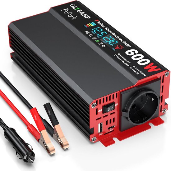 Zuivere Sinus Omvormer 12V naar 230V 600W met LCD, USB-C en Contactdozen