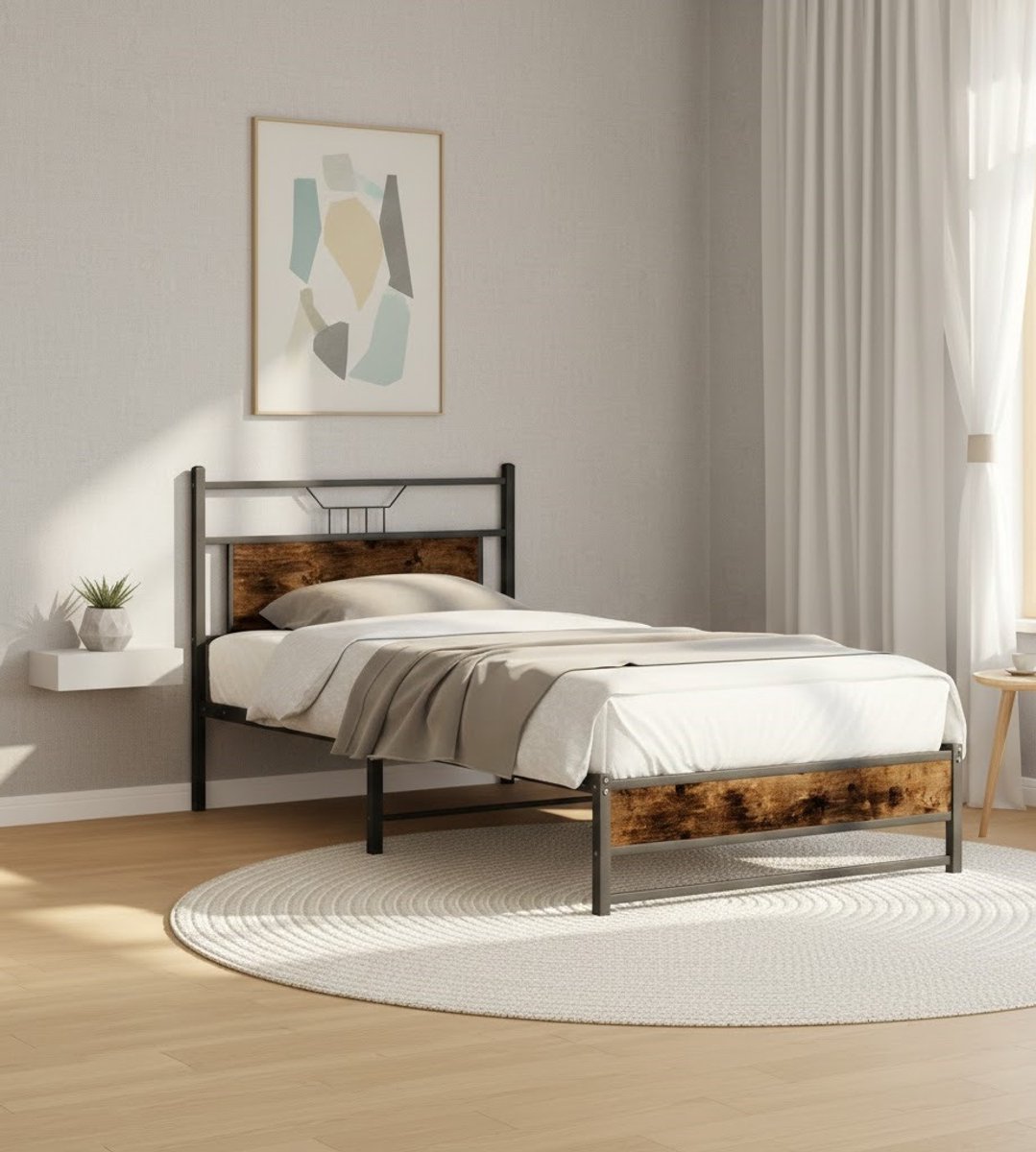 House & Graden Model 4106903 Industrieel Metalen Bedframe 100x200 cm met Hoofdbord en Opbergruimte – Zwart/Eiken Look | Inclusief Lattenbodem – House & Graden