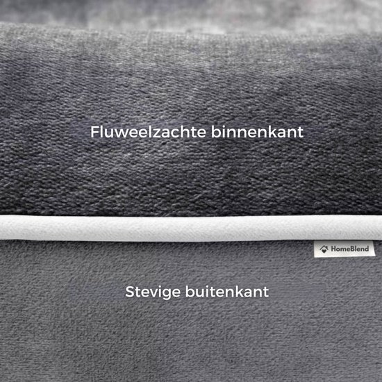 Detail van de fluweelzachte binnenkant en stevige buitenkant van een grijze hondenmand.