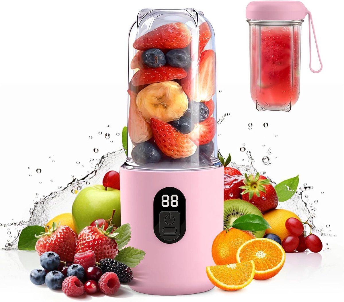 Sapcentrifuge - Draagbare mixer van 500 ml - Smoothiemaker voor onderweg met digitaal display - elektrische USB-sapcentrifuge met 16 messen - mini-mixer voor shakes en smoothies - voor in de keuken - op reis - in de sportschool - roze