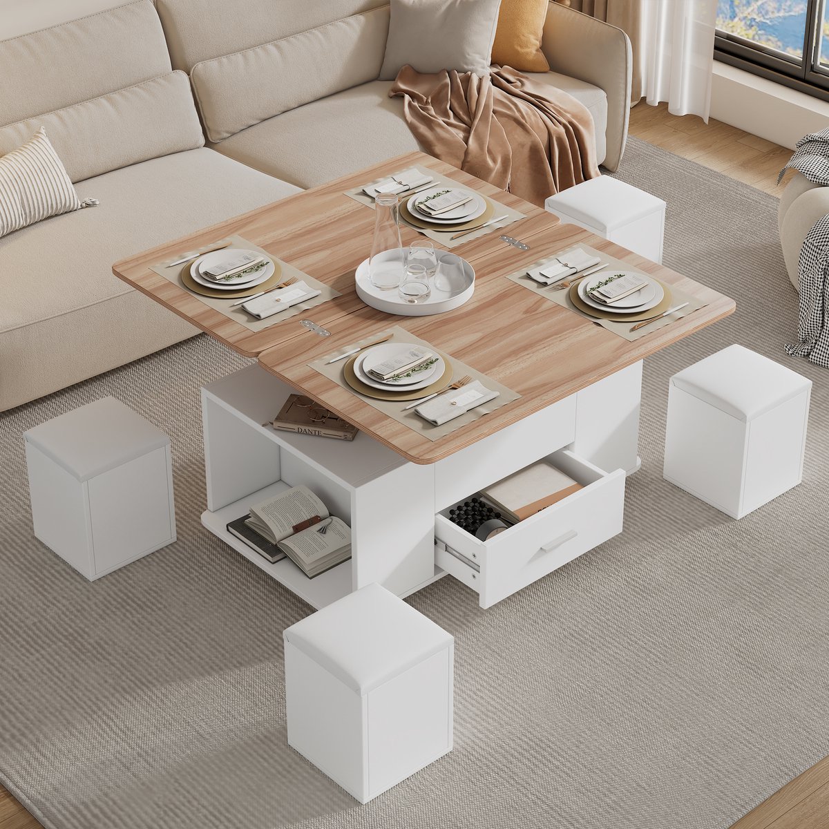 STILVORA Salontafel - In Hoogte Verstelbaar En Uitklapbaar Tot Eettafel - Met Lade En 4 Opbergkrukken - Spaanplaat - Wit;Natuurlijk - 100x50x45 Cm