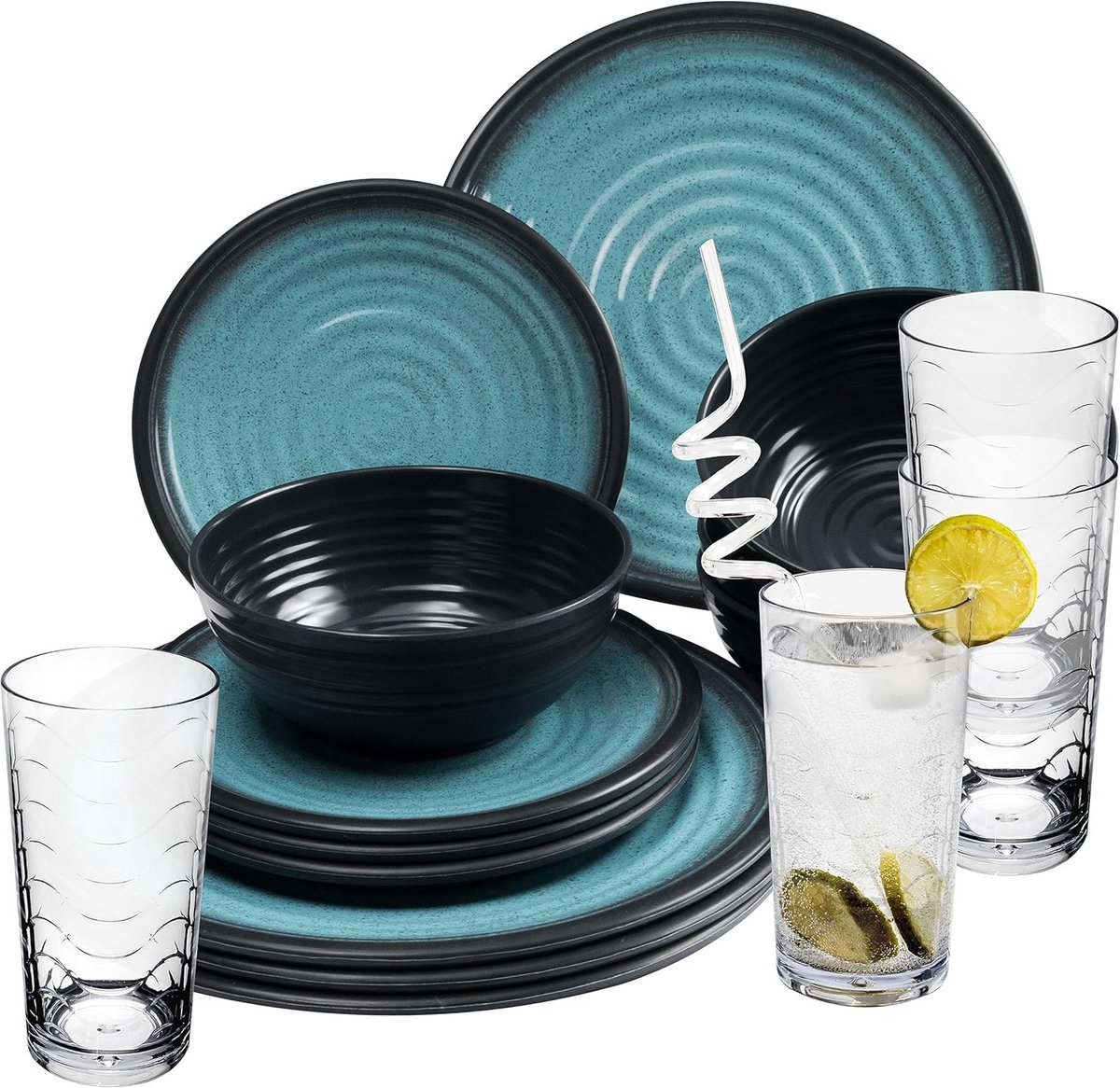 16-delig Melamine Servies Set voor 4 Personen met Waterglazen