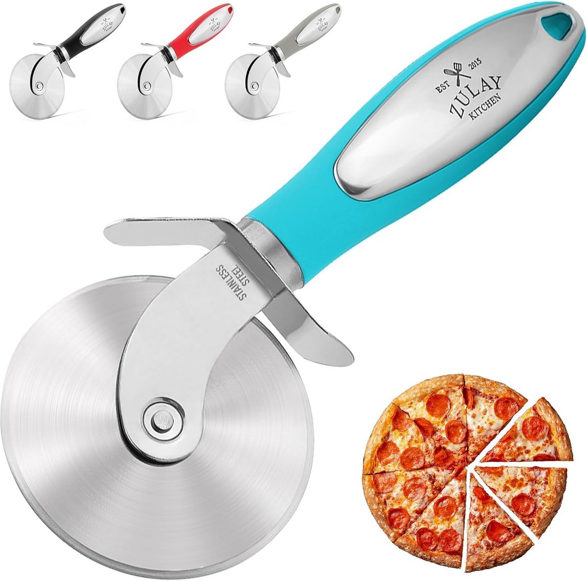 Groot pizzasnijwiel van roestvrij staal met antisliphandvat - Vaatwasmachinebestendig