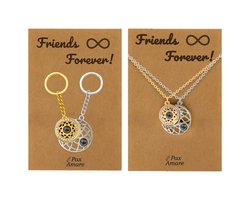 BFF Ketting + Sleutelhanger voor 2 ' Friends Forever' - Rondjes ILY IN 100 TALEN - Bundel op Cadeau Kaartje - Goudkleurig & Zilverkleurig - Vriendschap Symbool - Pax Amare