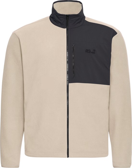 Veste polaire beige avec empiècements noirs sur les épaules et la poitrine, zippée.