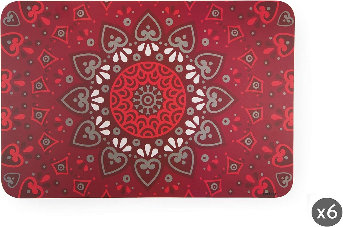 Set van 6 Placemats met Mandala Design, Rood, 43 x 29 cm