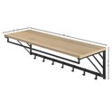Wandkapstok met houten plank, 90 cm lang, 30 cm diep en 26 cm hoog, met 7 zwarte haken.