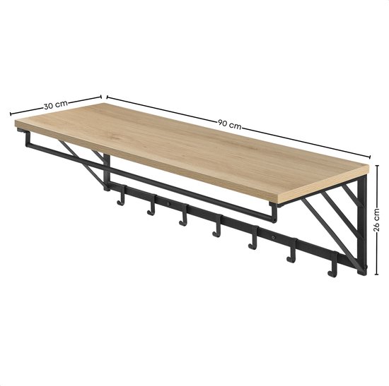 Wandkapstok met houten plank, 90 cm lang, 30 cm diep en 26 cm hoog, met 7 zwarte haken.