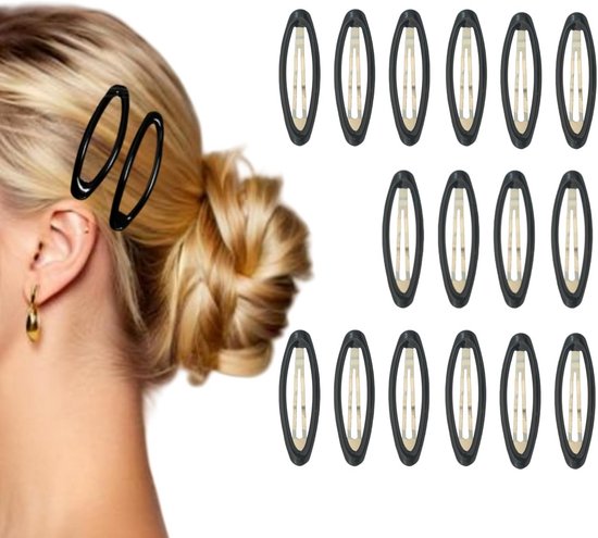 Zestien zwarte haarclips naast het zijaanzicht van een blonde vrouw met haarclips in haar opgestoken haar.
